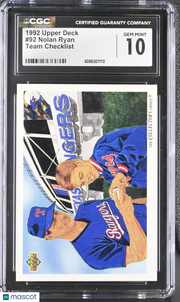 1992 Upper Deck Nolan Ryan Team Checklist #92 CGC 10 Texas Rangers