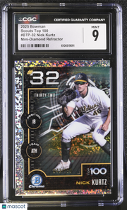 2025 Bowman Nick Kurtz Mini-Diamond Refractor /150 Rookie Scouts Top 100 CGC 9