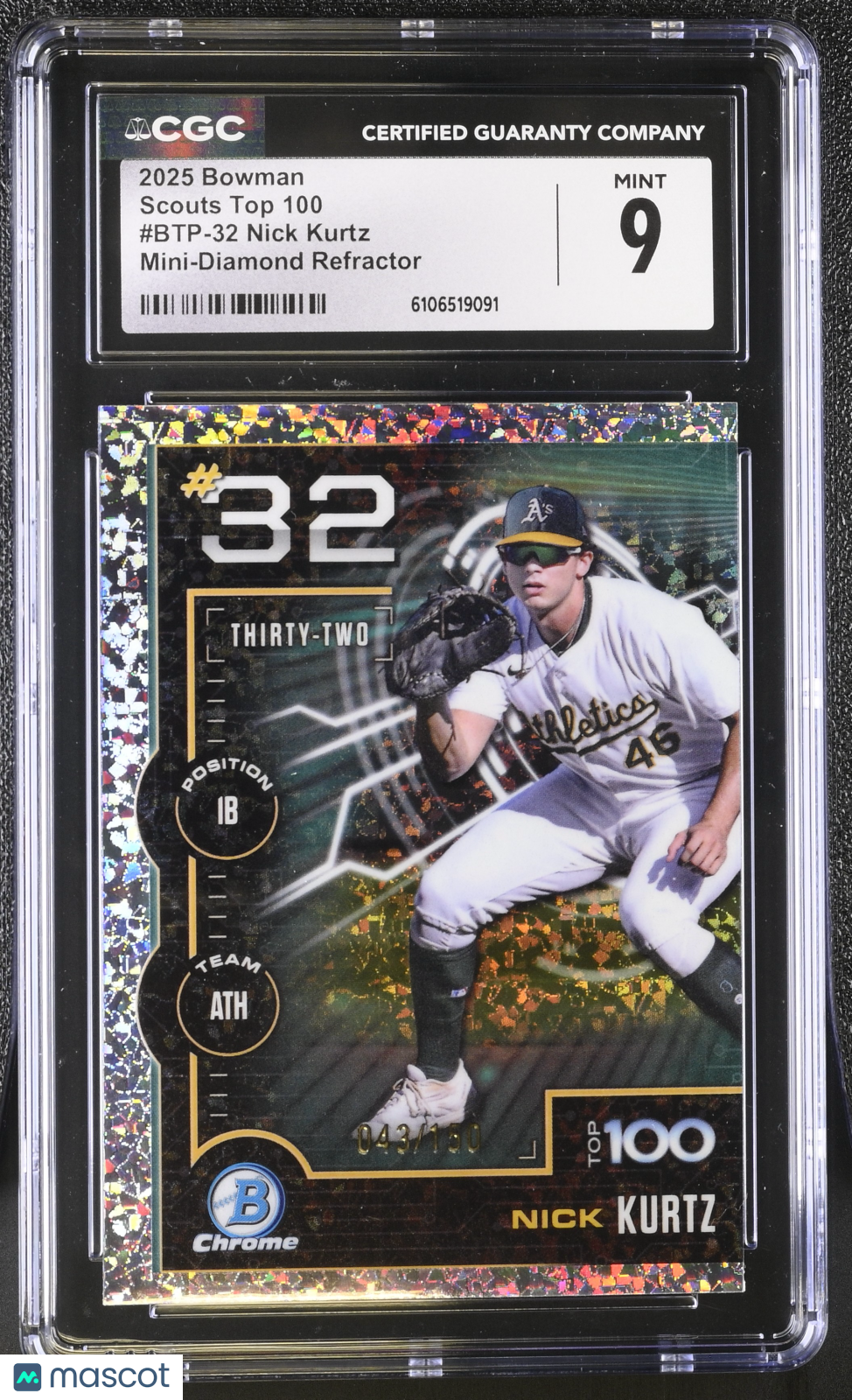 2025 Bowman Nick Kurtz Mini-Diamond Refractor /150 Rookie Scouts Top 100 CGC 9