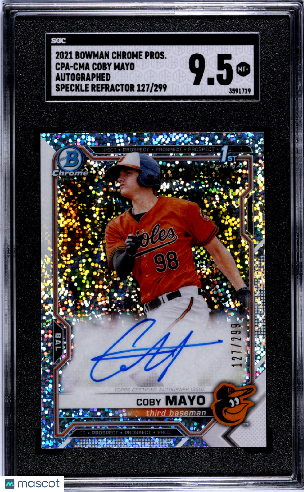 2021 Bowman Coby Mayo Chrome Auto Speckle /299 Rookie #CPA-CMA SGC 9.5 Orioles
