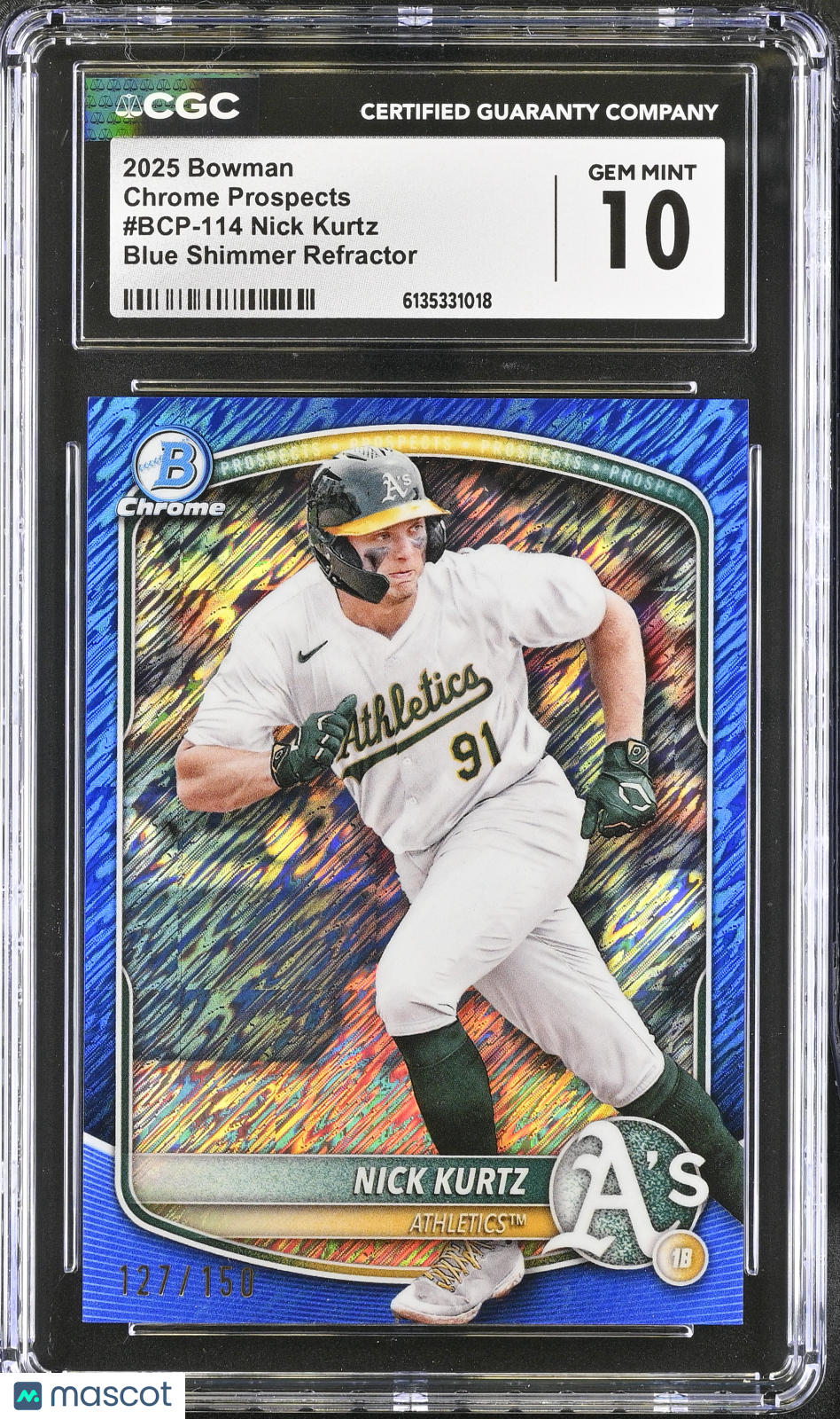 2025 Bowman Nick Kurtz Blue Shimmer Refractor /150 Rookie Chrome #BCP-114 CGC 10