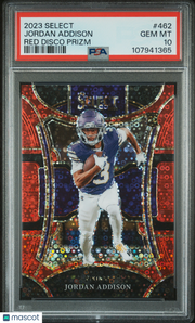 2023 Panini Select Jordan Addison Red Disco Prizm /49 Rookie #462 PSA 10 Vikings