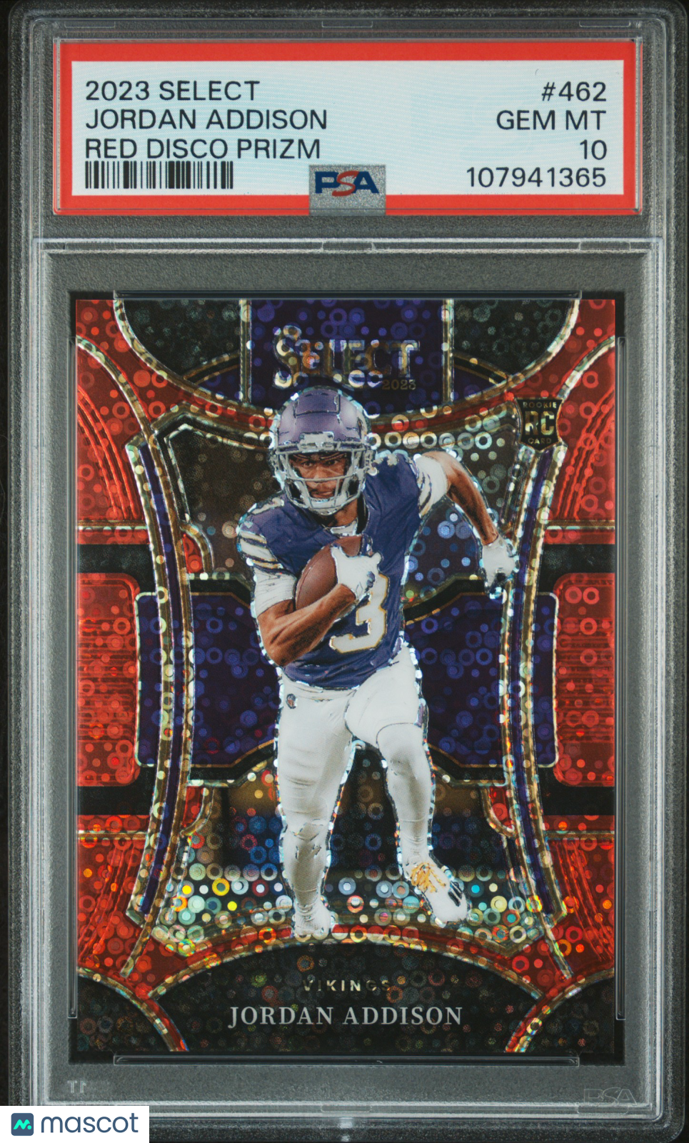 2023 Panini Select Jordan Addison Red Disco Prizm /49 Rookie #462 PSA 10 Vikings