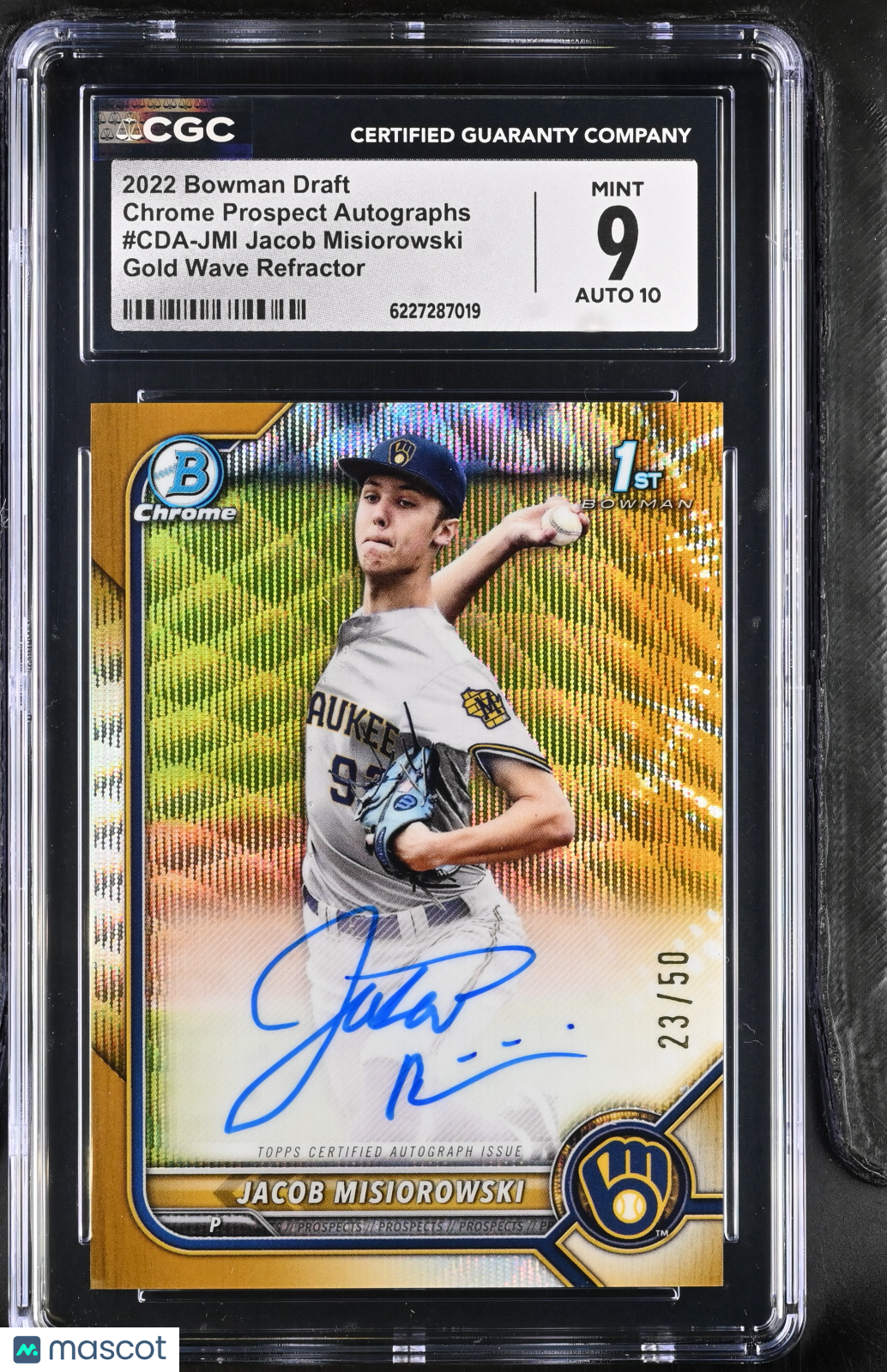 2022 Bowman Draft Jacob Misiorowski Gold Wave /50 Rookie Chrome Auto CGC 9