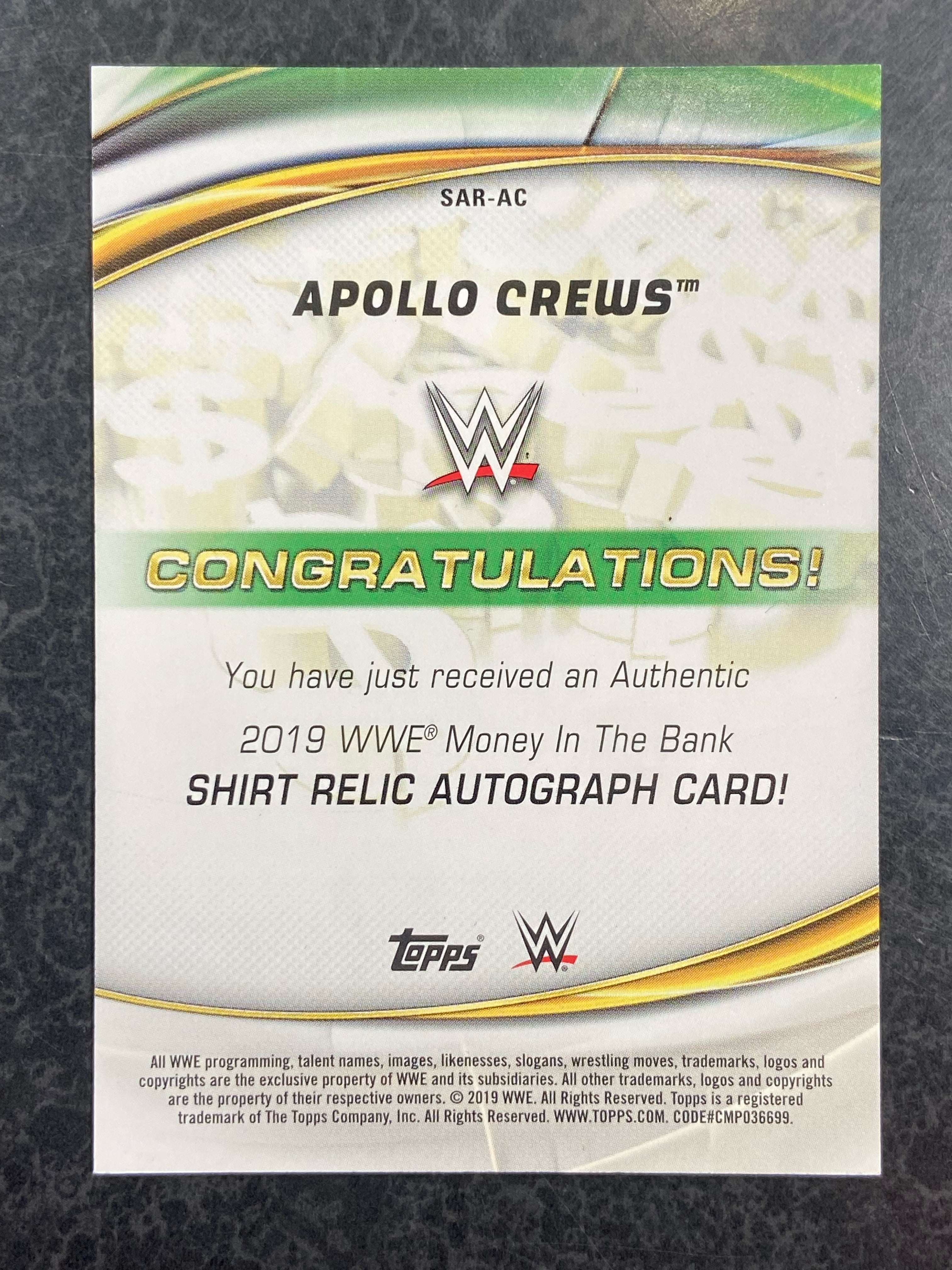 2019 Topps WWE Money In The Bank Apollo Crews Shirt Autograph Relic SAR-AC /99