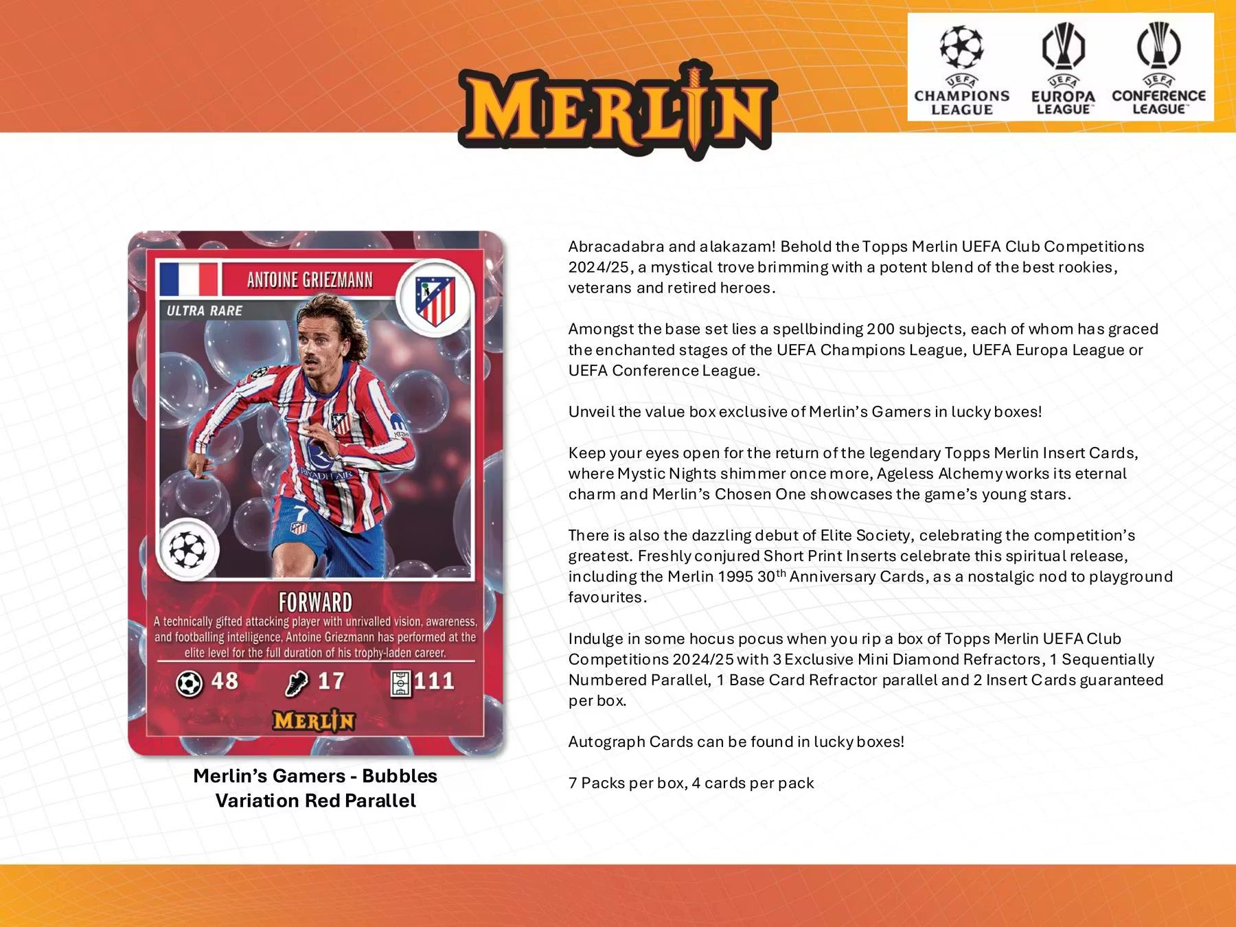 2024/25 Topps Chrome Merlin UEFA Club Competitions Soccer 7-Pack Blaster Box