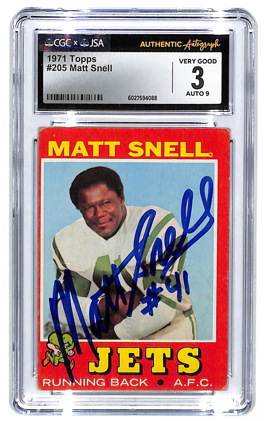 1971 Matt Snell Topps #205 Autographed CGC - JSA (VG) 3 Auto 9