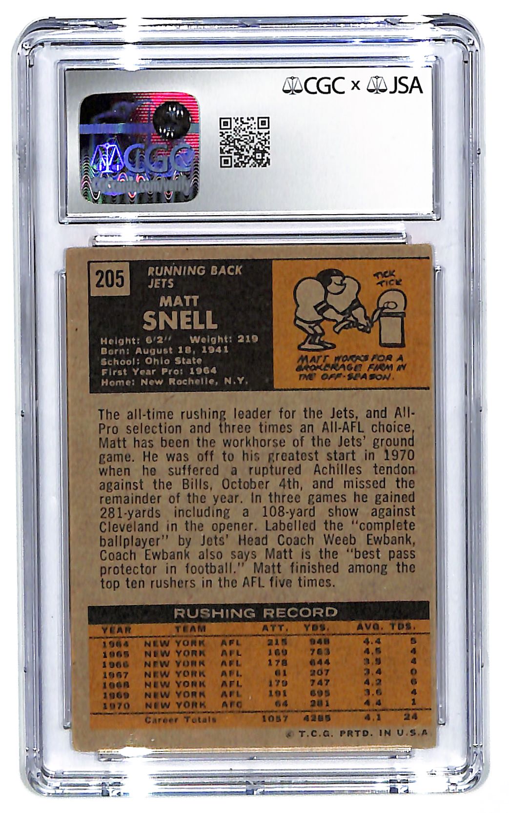 1971 Matt Snell Topps #205 Autographed CGC - JSA (VG) 3 Auto 9