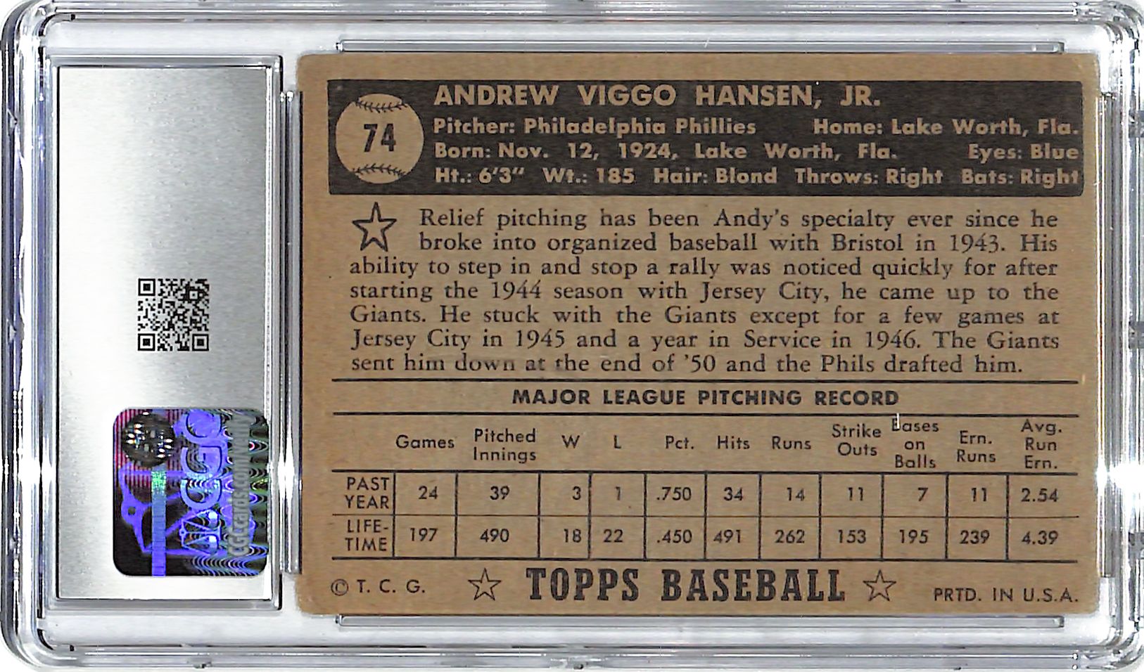 1952 Andy Hansen Topps #74 Black Back CGC Very Good 3.5