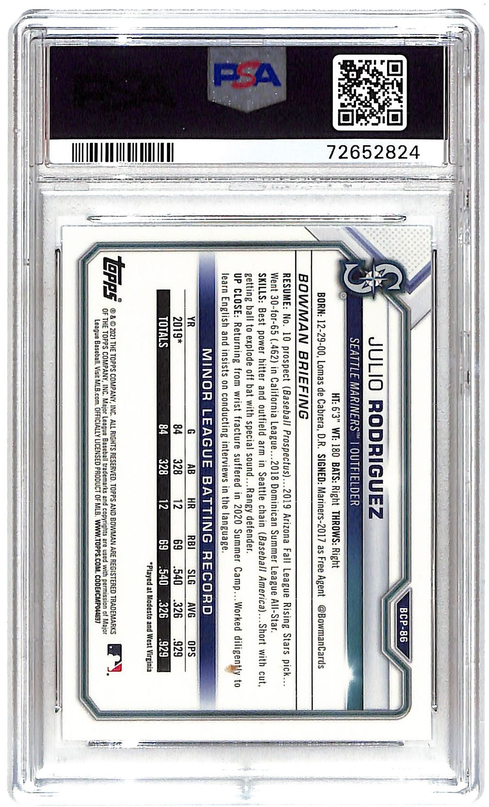 2021 Julio Rodriguez Bowman Chrome Mega Box Mojo BCP-86 PSA Mint 9