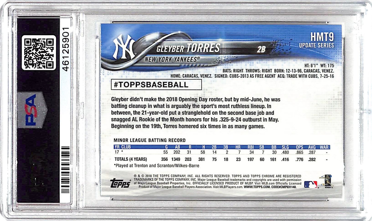 2018 Gleyber Torres Topps Chrome Update HMT9 PSA Gem Mint 10