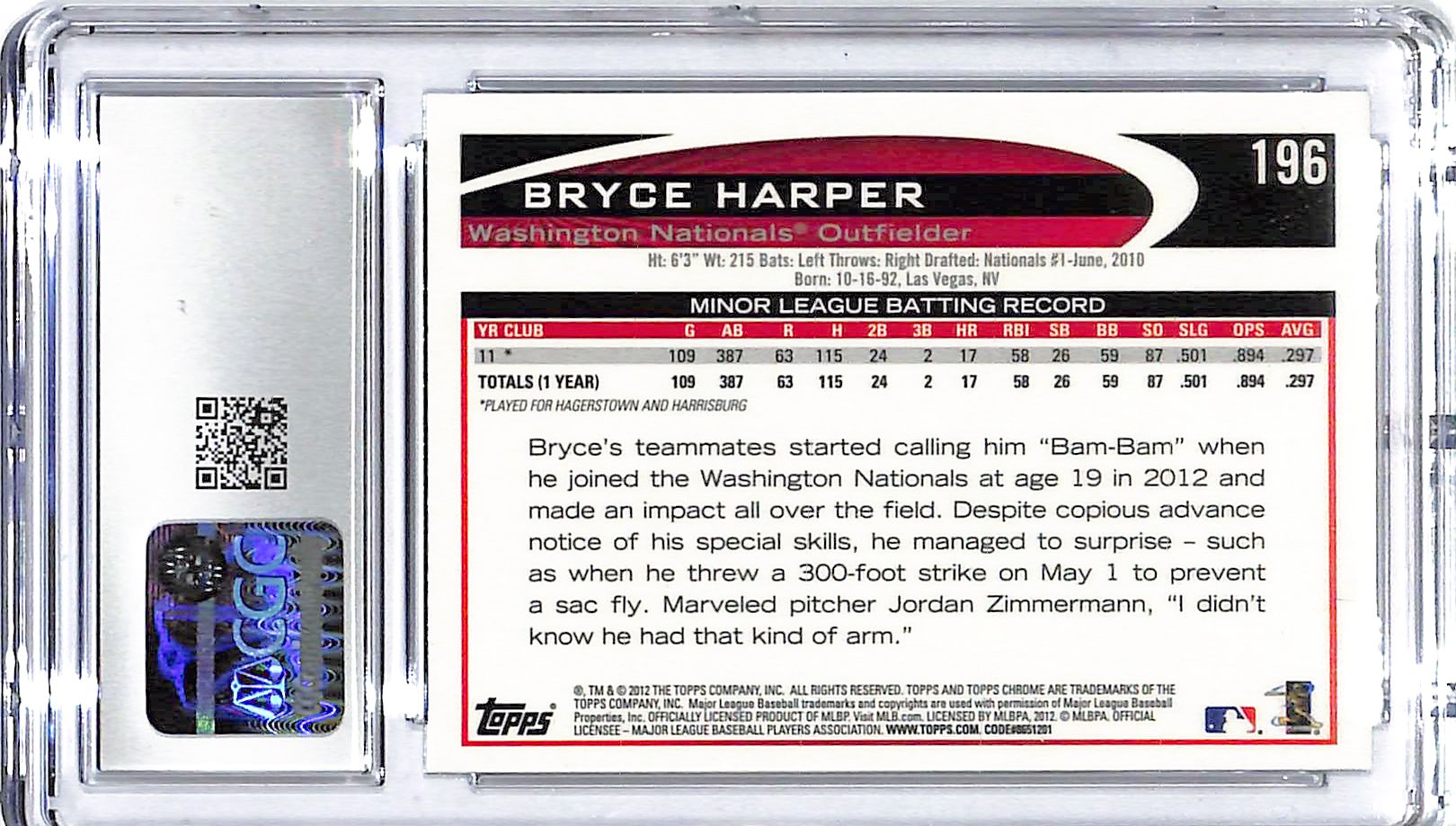 2012 Bryce Harper Topps Chrome #196 CGC Mint 9