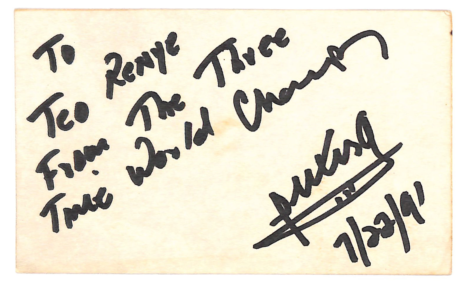 Alexis Arguello Signed and Inscription Index Card JSA Authentic