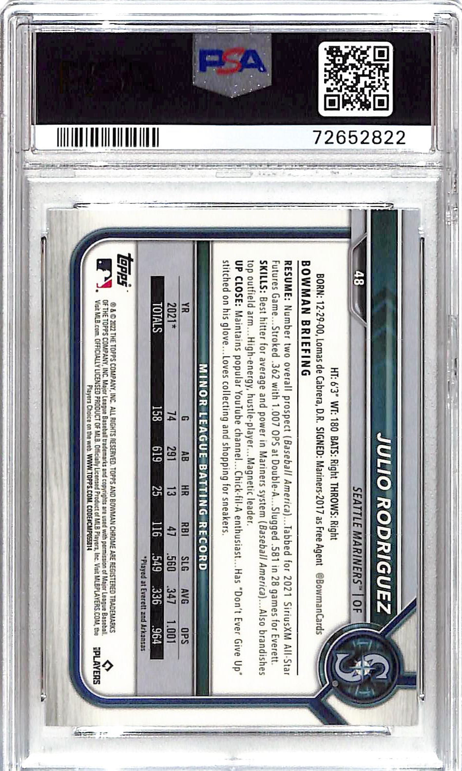 2022 Julio Rodriguez Bowman Chrome Rookie #48 PSA Mint 9