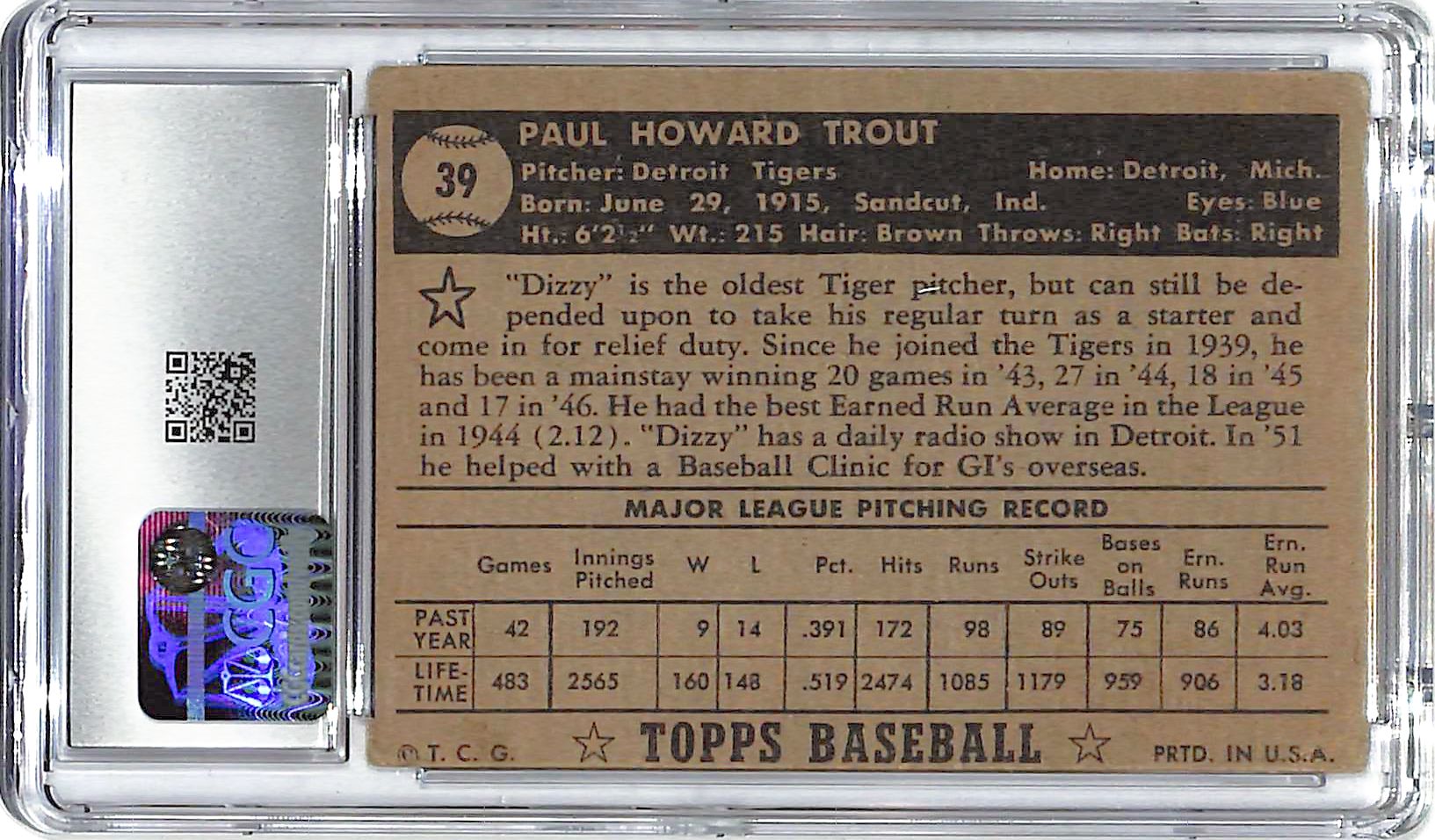 1952 Dizzy Trout Topps Black Back #39 CGC Very Good 3.5