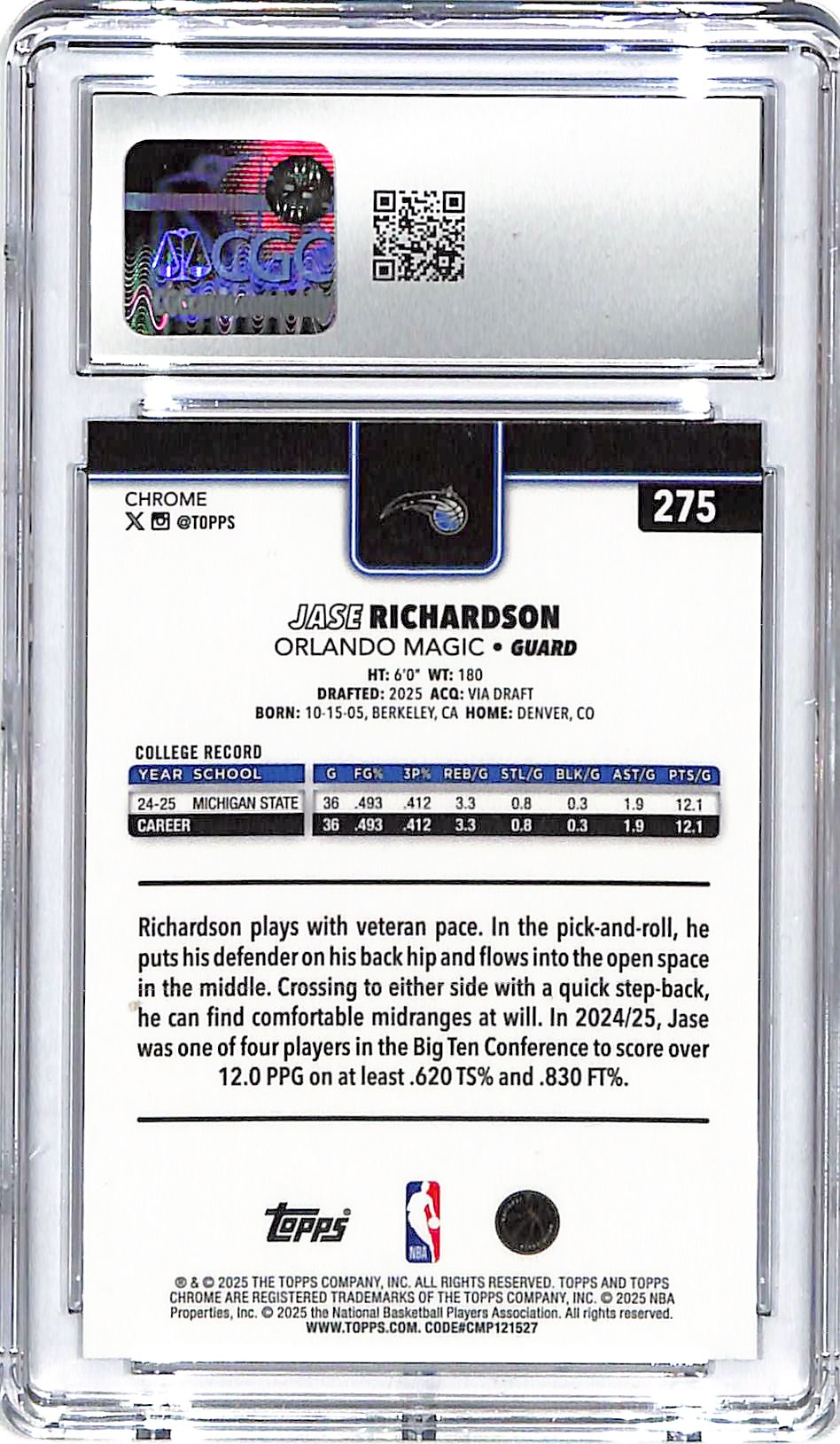 2025-26 Jase Richardson Topps Chrome X-Fractor #275 CGC Gem Mint 10