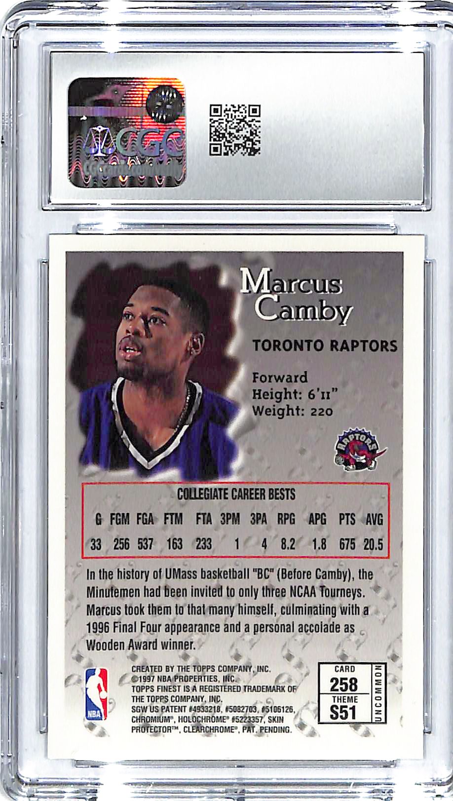 1996-97 Marcus Camby Topps Finest w/ Coating #258 CGC Gem Mint 10