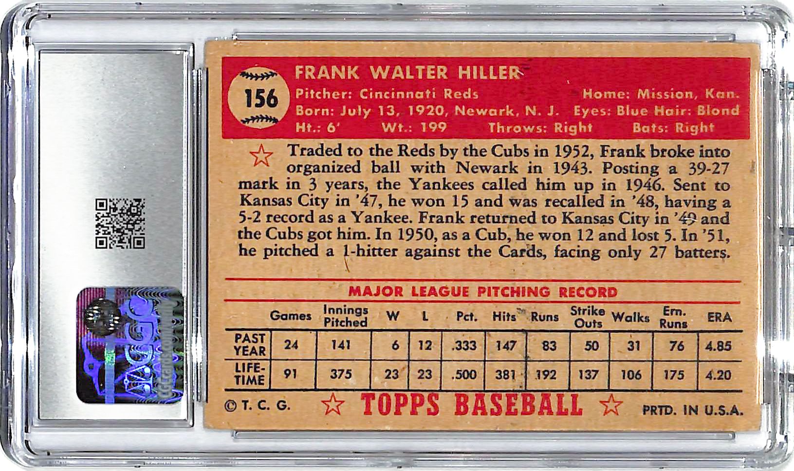 1952 Frank Hiller Topps #156 CGC Very Good 4.5