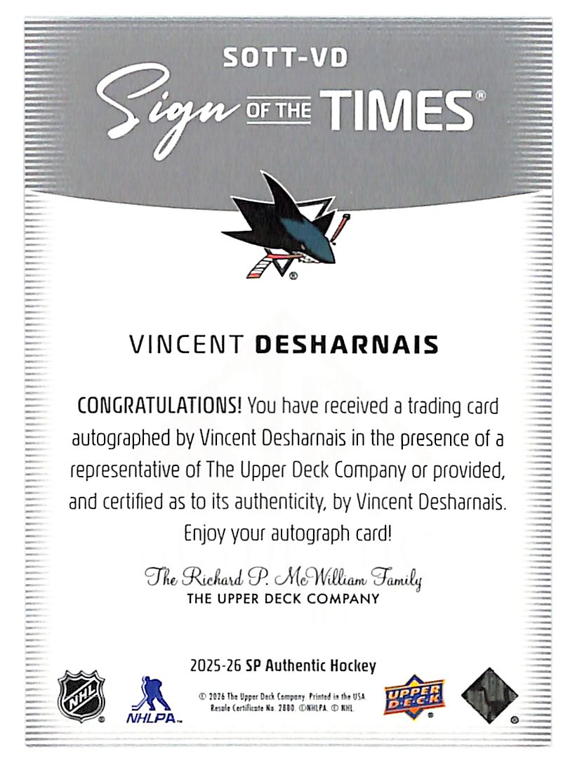 2025-26 Vincent Desharnais SP Authentic Sign of the Time Autograph