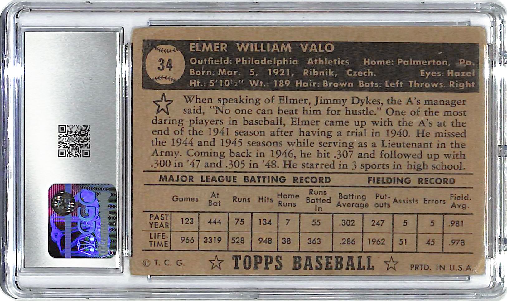 1952 Elmor Valo Topps #34 CGC Very Good 3.5