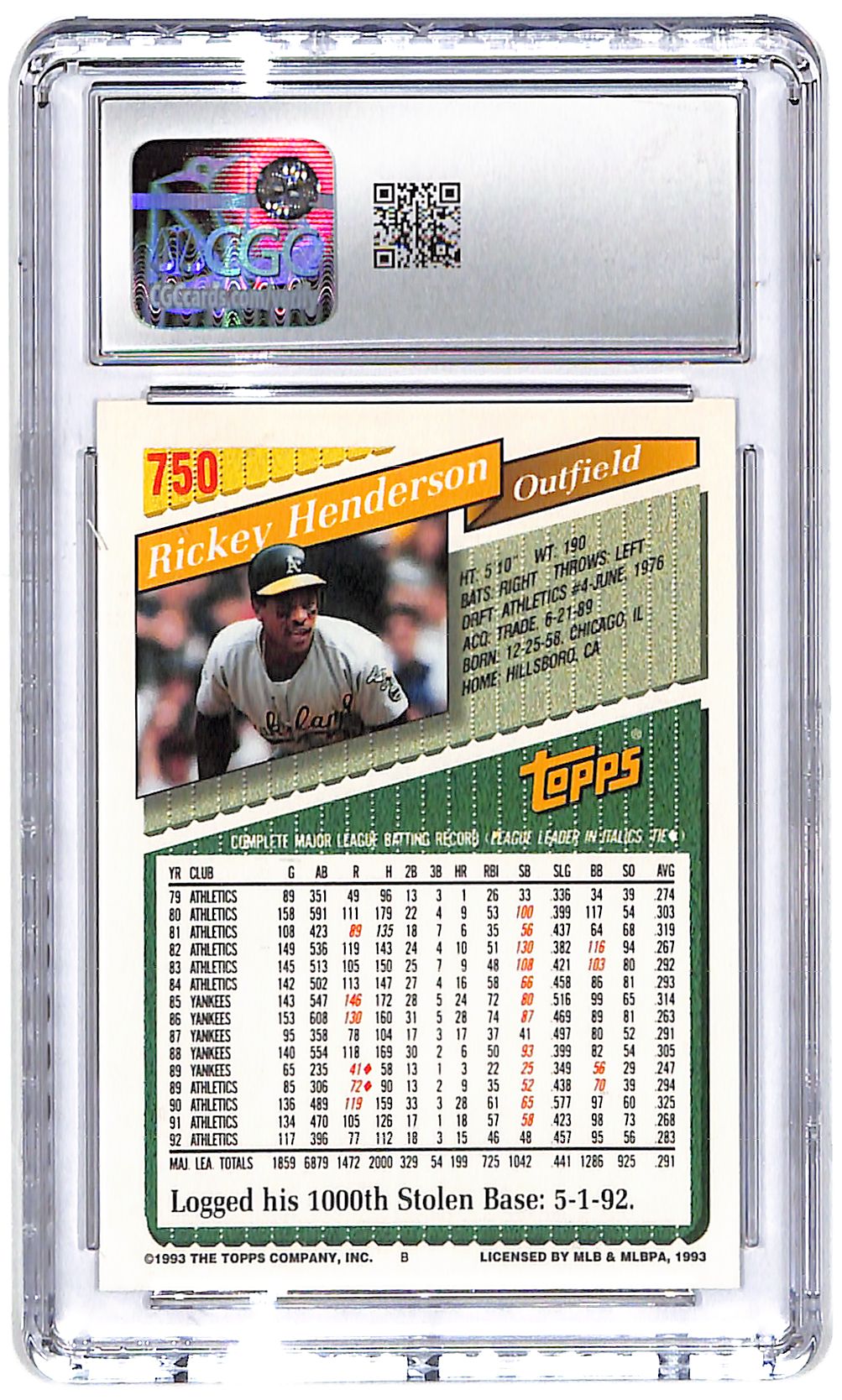 1993 Rickey Henderson Topps Gold #750 CGC Mint 9