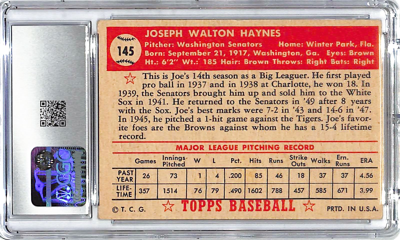 1952 Joe Haynes Topps #145 CGC Very Good 3.5