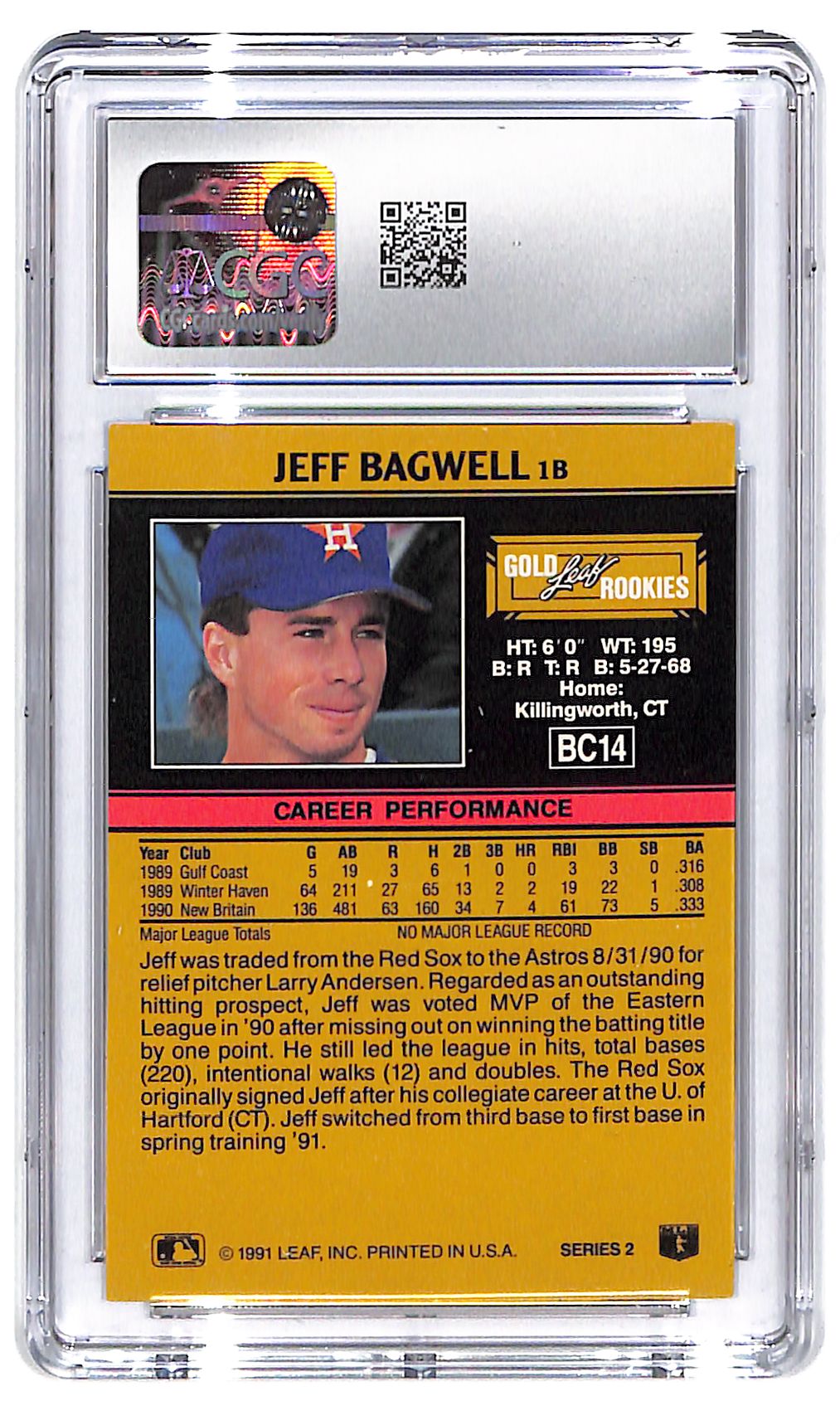 1991 Jeff Bagwell Leaf Gold Rookies #BC14 CGC Mint Plus 9.5