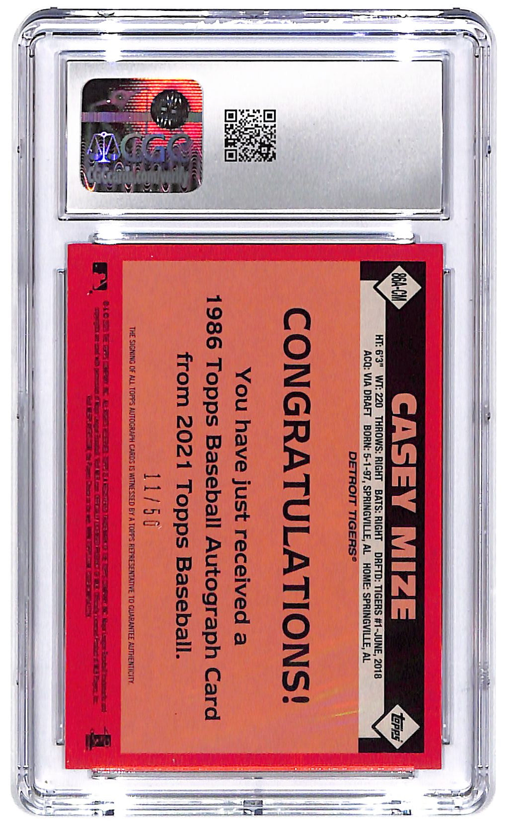 2021 Casey Mize Topps '86 Autographs #86A-CM Gold #11/50 CGC 8.5 JSA Auto 10