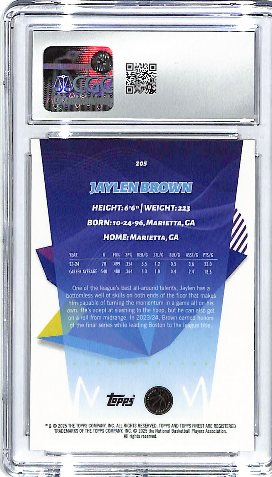 2025-25 Jaylen Brown Topps Finest Gold Refractor #2/15 #205 CGC Gem Mint 10