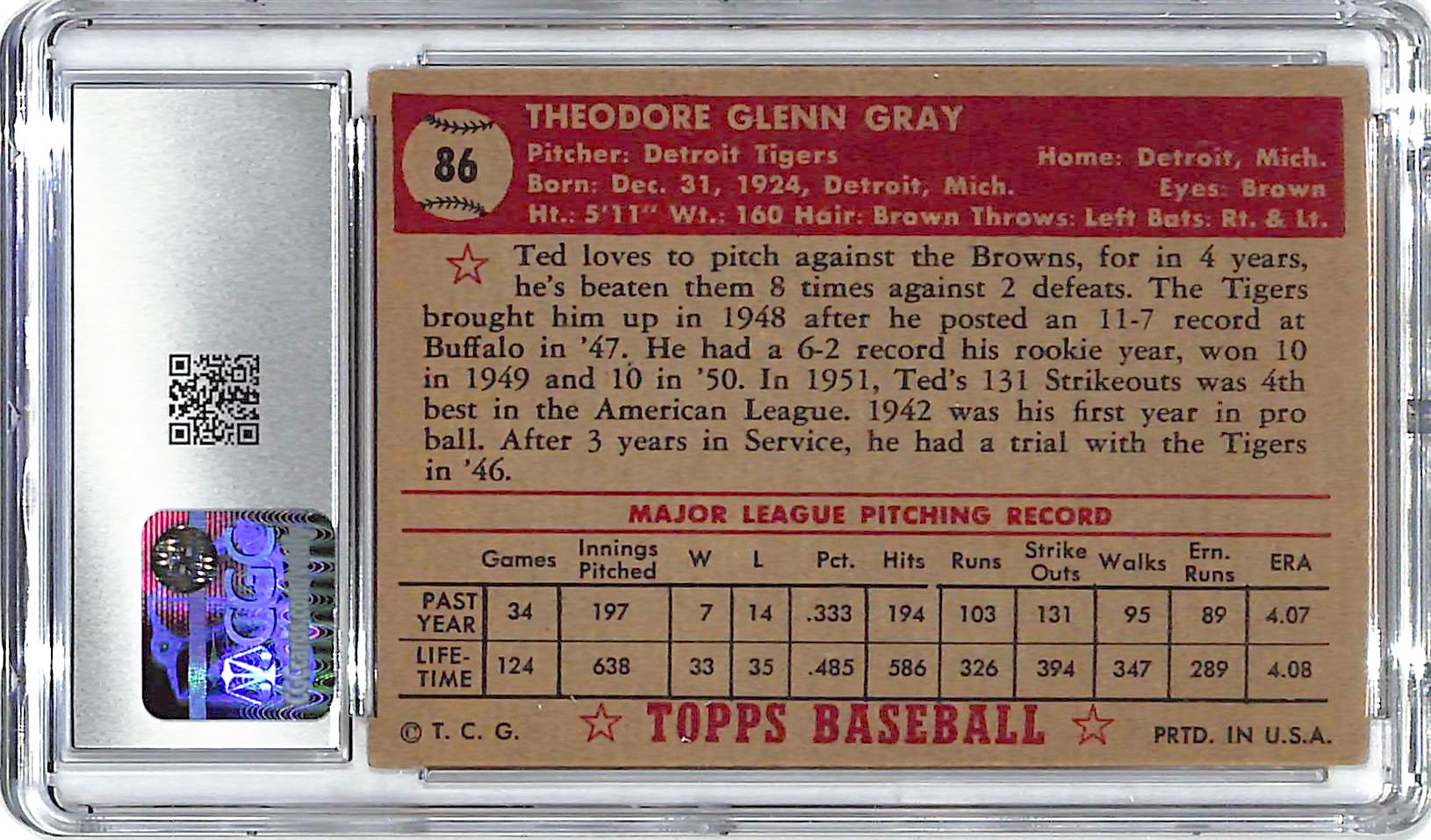 1952 Ted Gray Topps #86 CGC Very Good 4.5