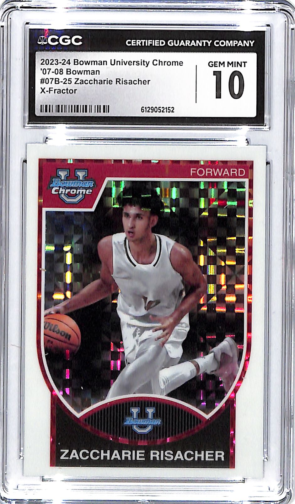 2023-24 Zaccharie Risacher Bowman U Chrome X-Fractor CGC Gem Mint 10