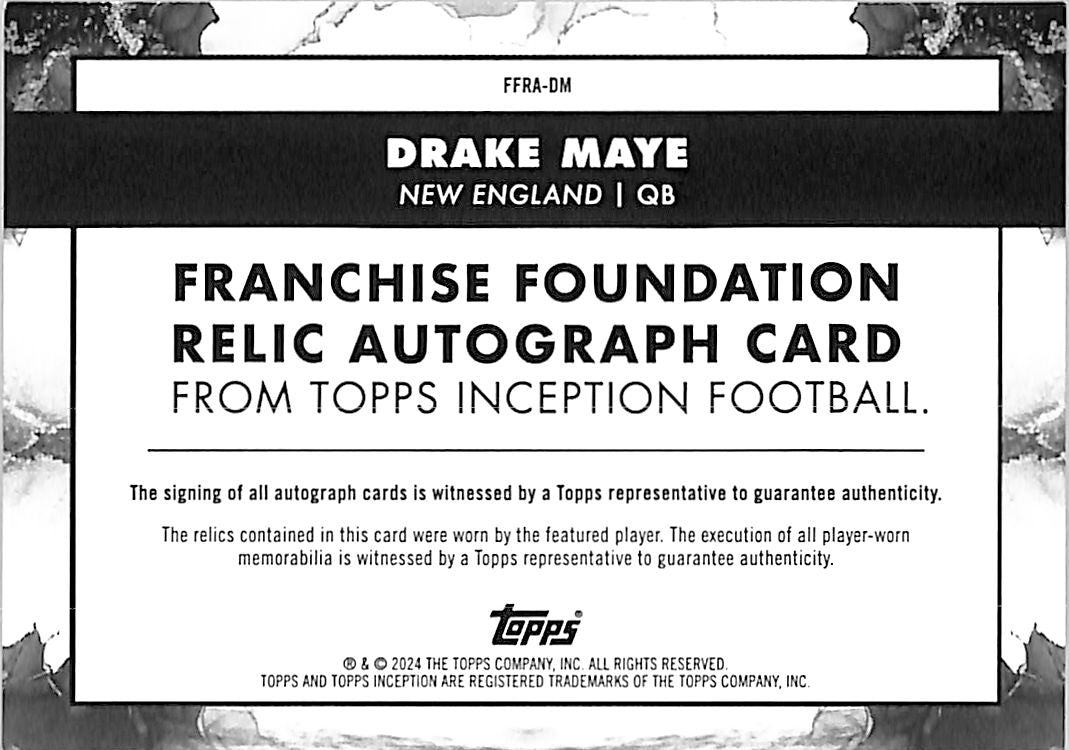 2024 Topps Inception Drake Maye Auto Autograph Rookie RC Patch Jersey Purple /125