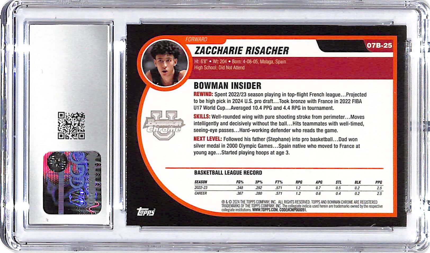 2023-24 Zaccharie Risacher Bowman U Chrome X-Fractor CGC Gem Mint 10