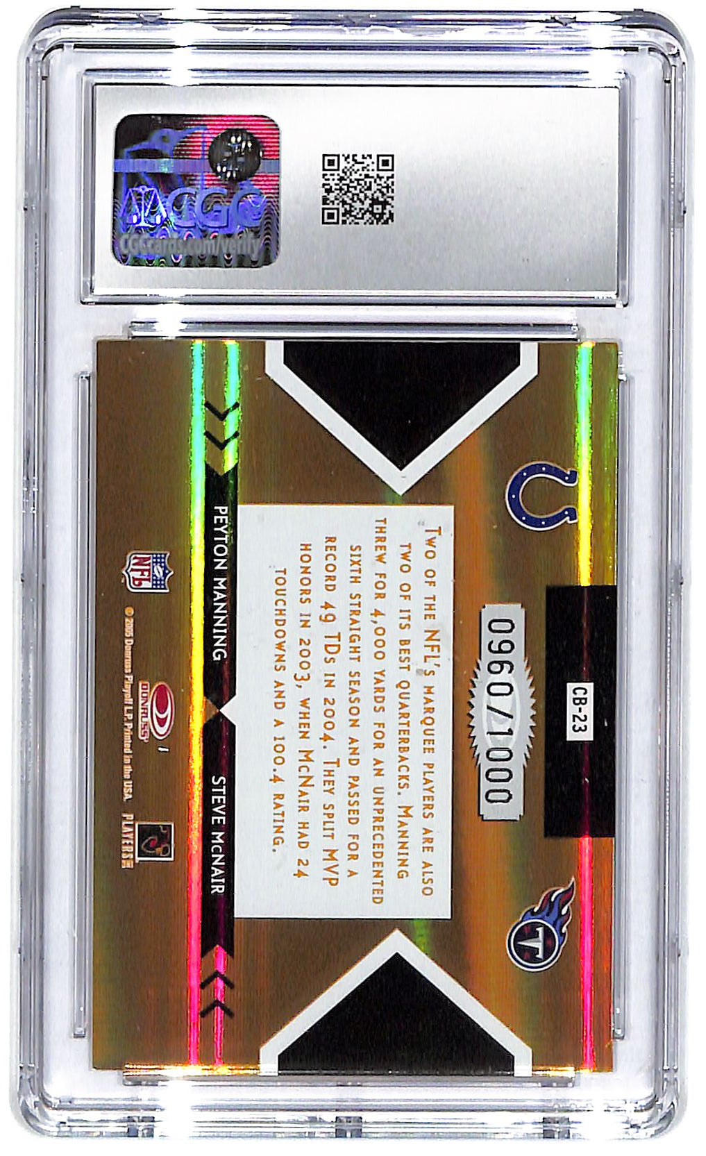 2005 Peyton Manning/McNair Donruss Elite Face 2 Face Gold #CB-23 CGC Mint 9
