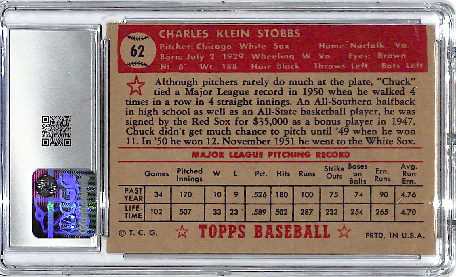 1952 Chuck Stobbs Topps Red Back #62 CGC Excellent 5