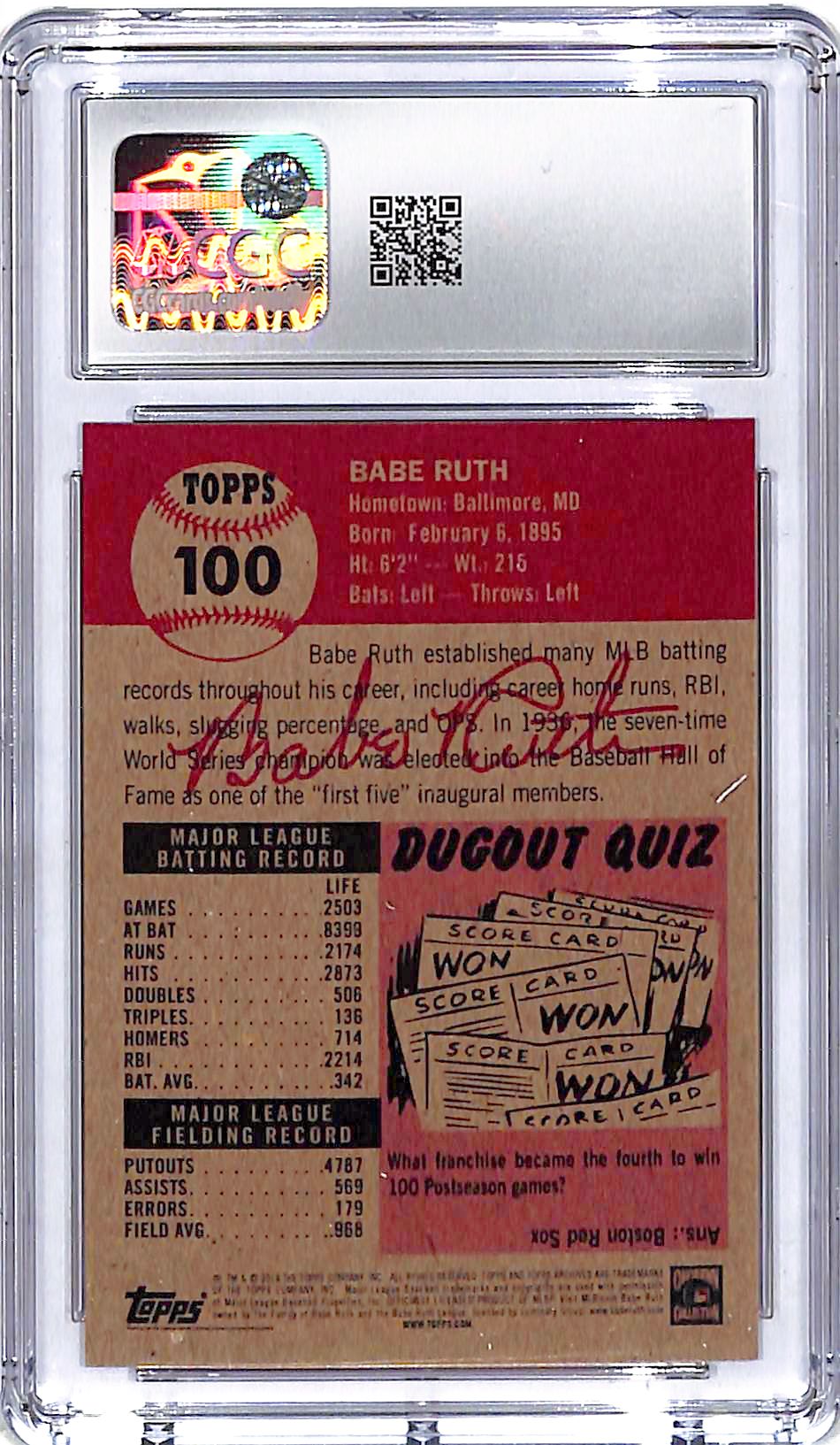 2018 Topps Living Set Babe Ruth #100 CGC 9 Yankees