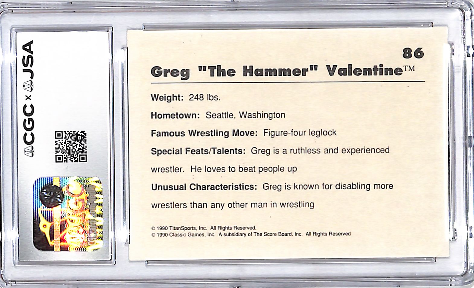 1989 Classic WWF Greg the Hammer Valentine Auto Autograph CGC Authentic #86