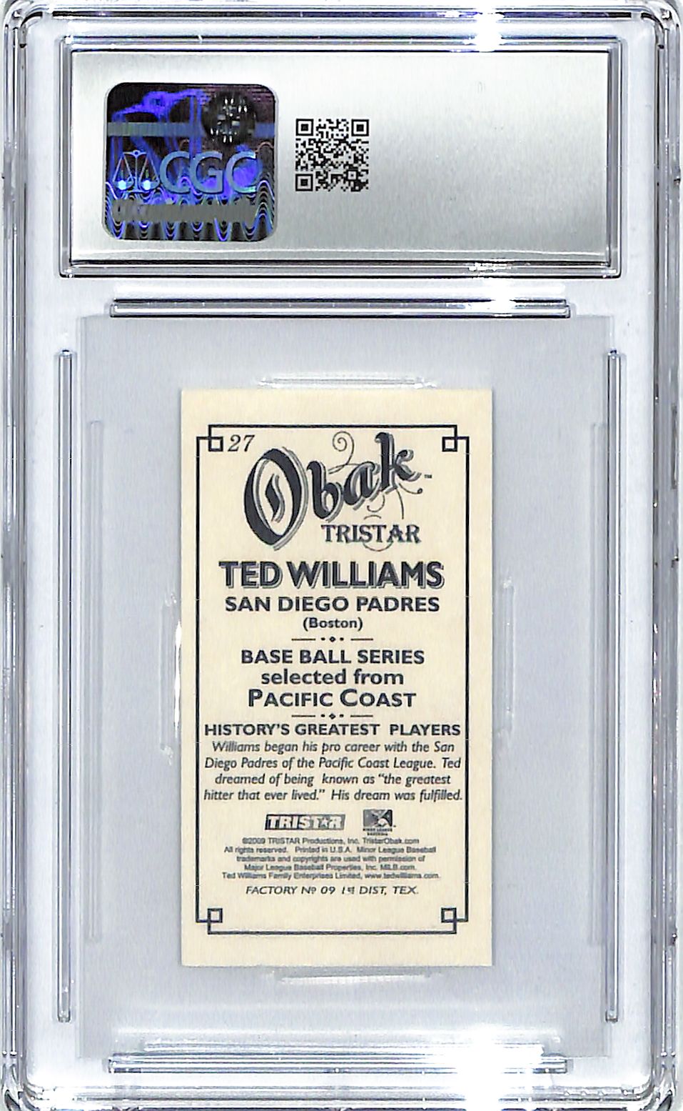 2009 Ted Williams TRISTAR Obak T-212 Mini #27 CGC Gem Mint 10