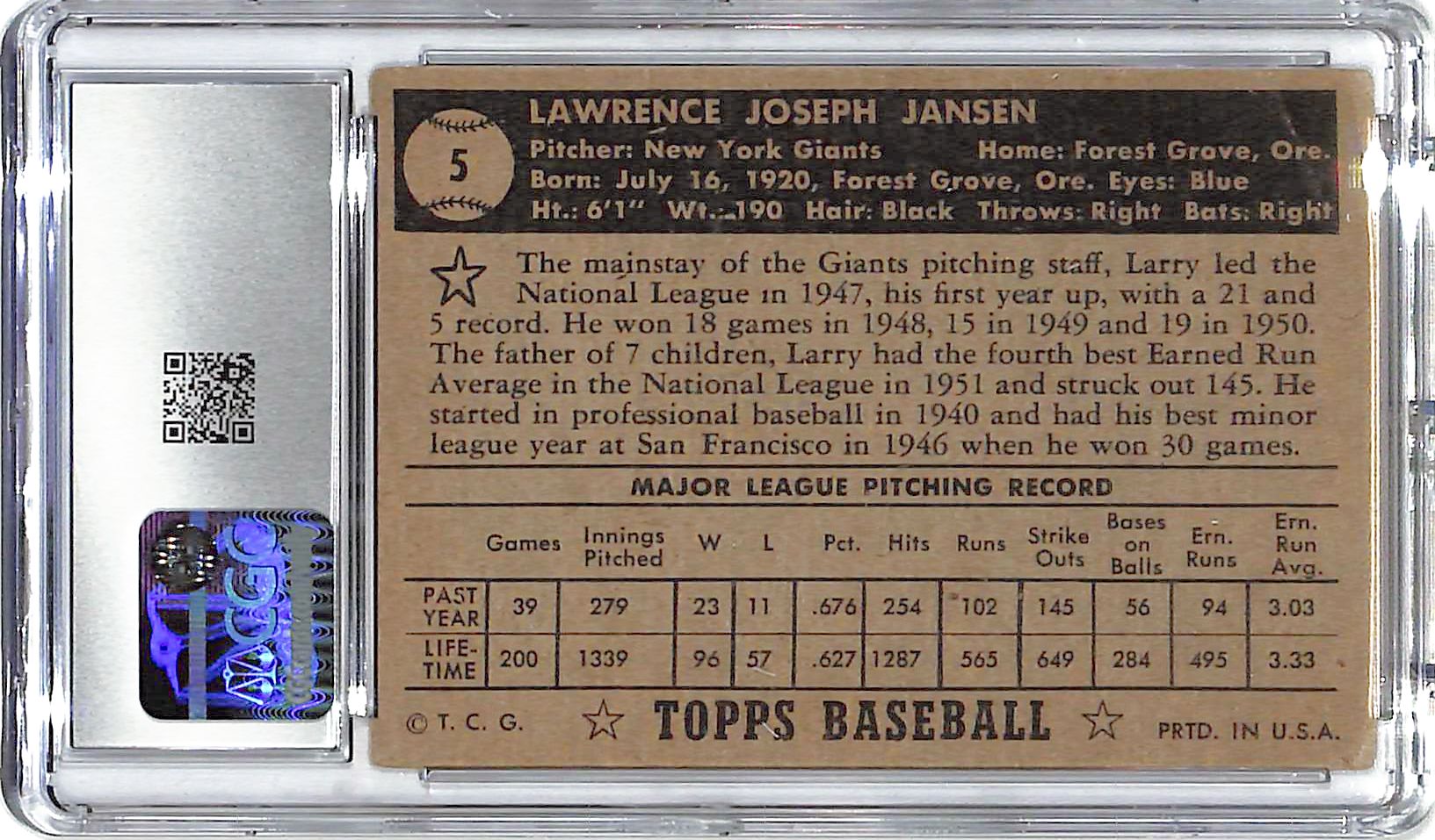 1952 Larry Jansen Topps #5 CGC Very Good 3