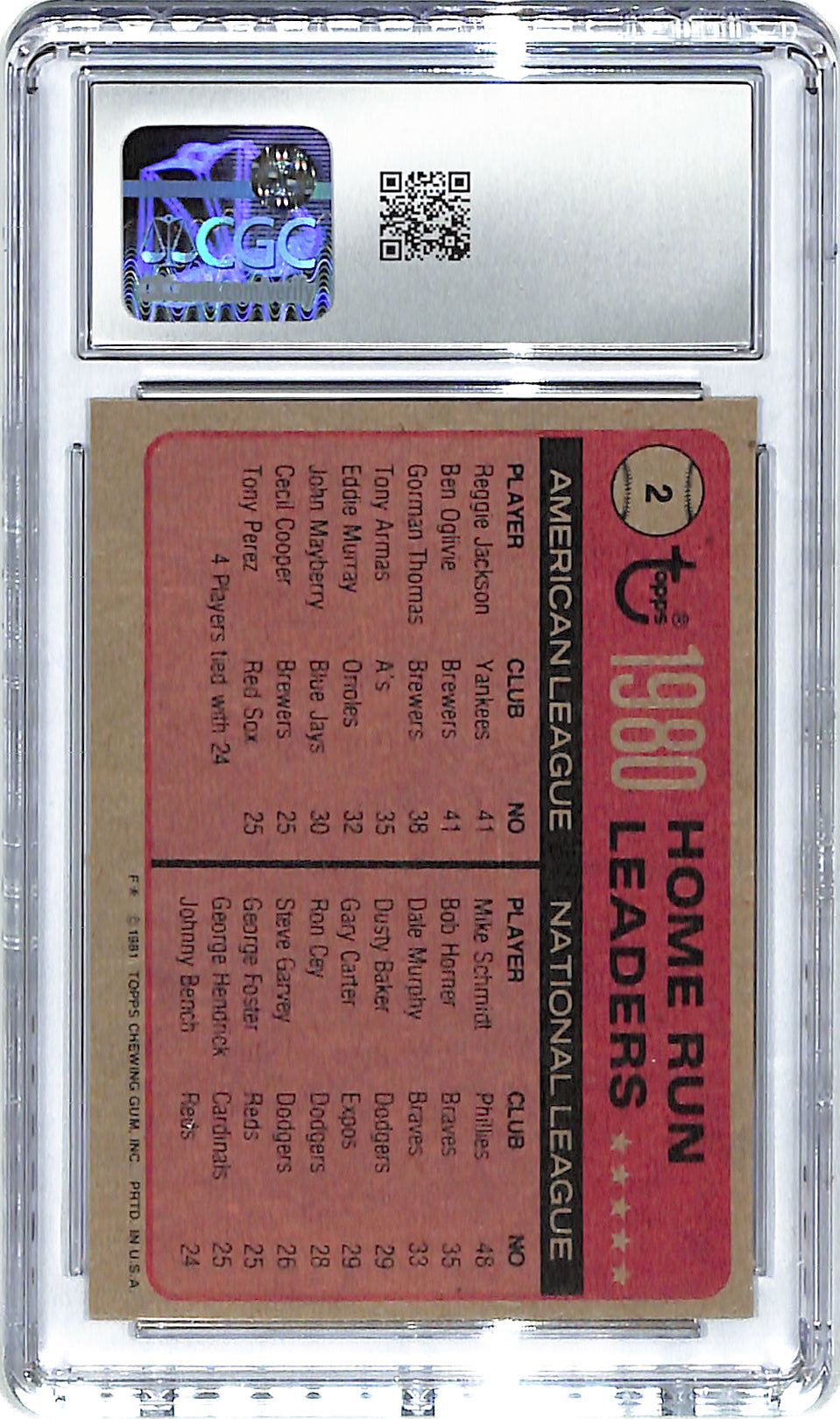 1981 Jackson/Oglivie/Schmidt Topps '80 Home Run Leaders #2 CGC Mint 9