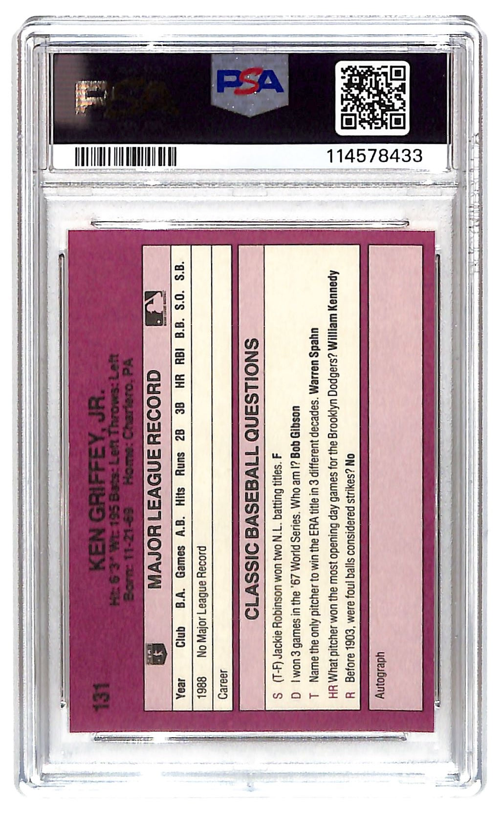 1989 Ken Griffery Jr. Classic Travel Update #131 PSA Mint 9