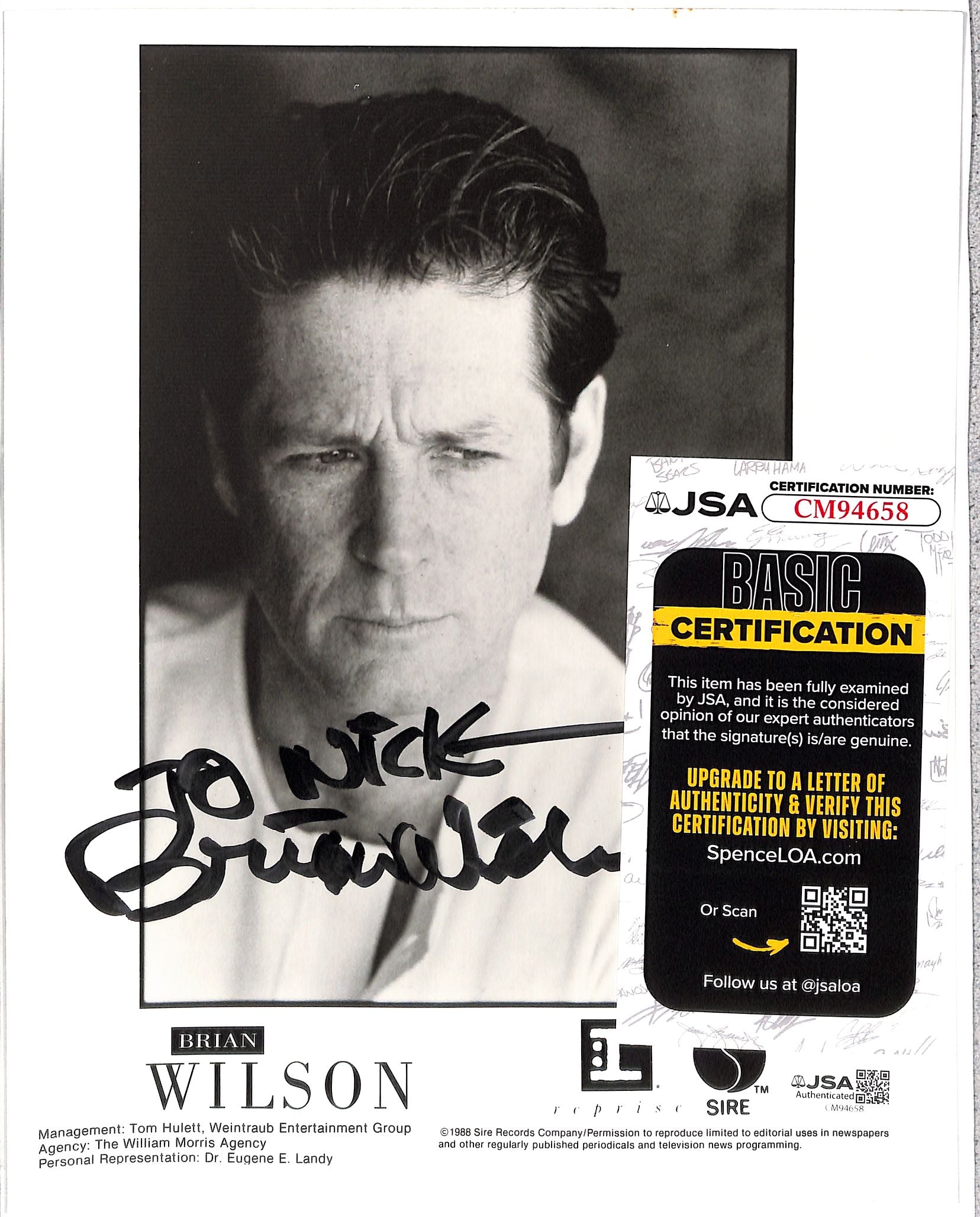 Brian Wilson Beach Boys Signed Photo JSA Authentic