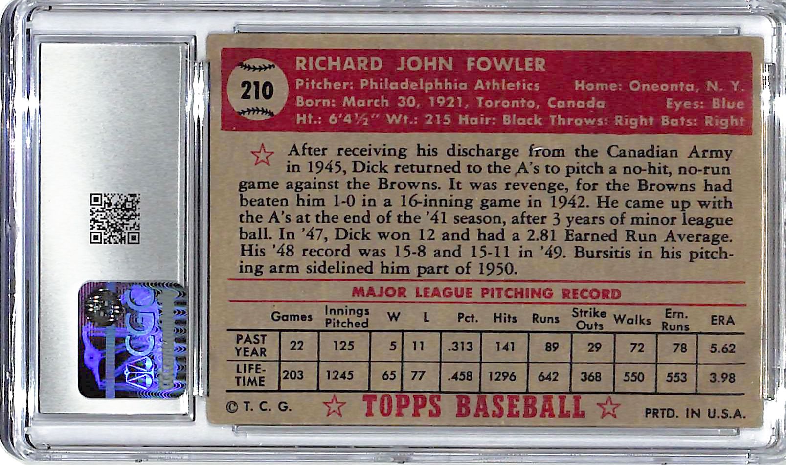 1952 Dick Fowler Topps #210 CGC Very Good 4