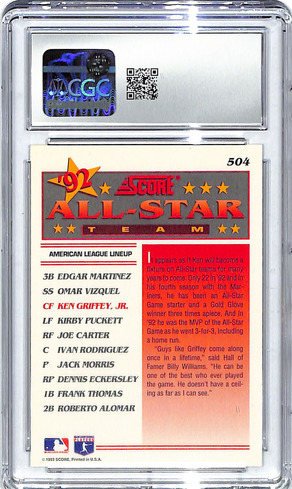 1993 Ken Griffey Jr. Score All Star #504 CGC Mint 9