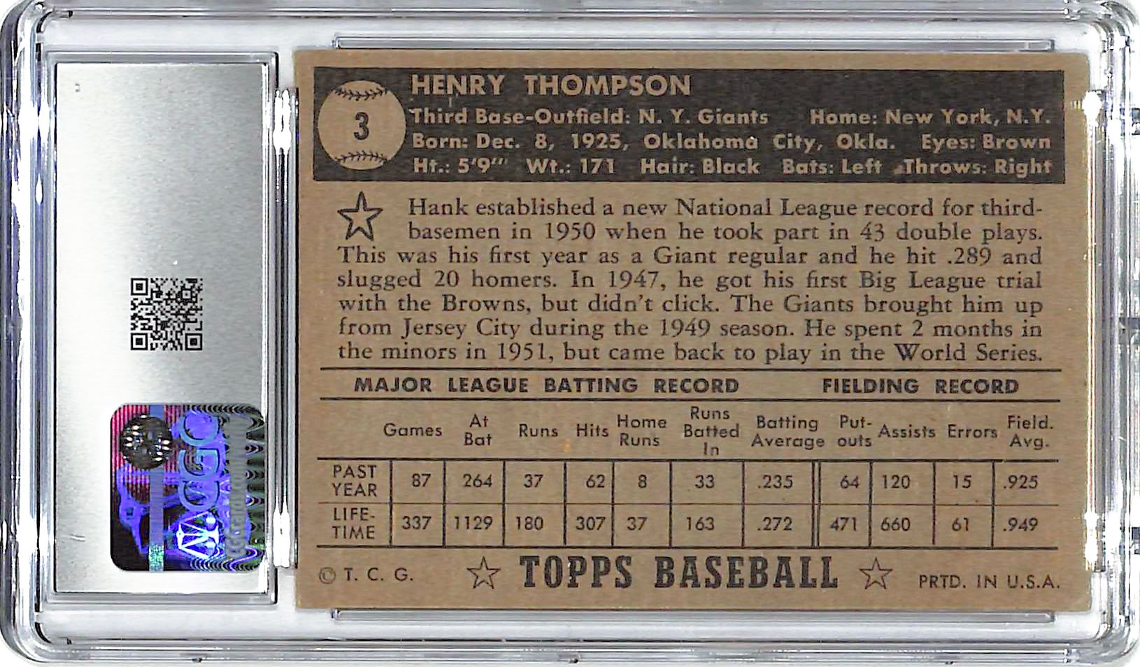 1952 Hank Thompson Topps #3 CGC Very Good 4.5