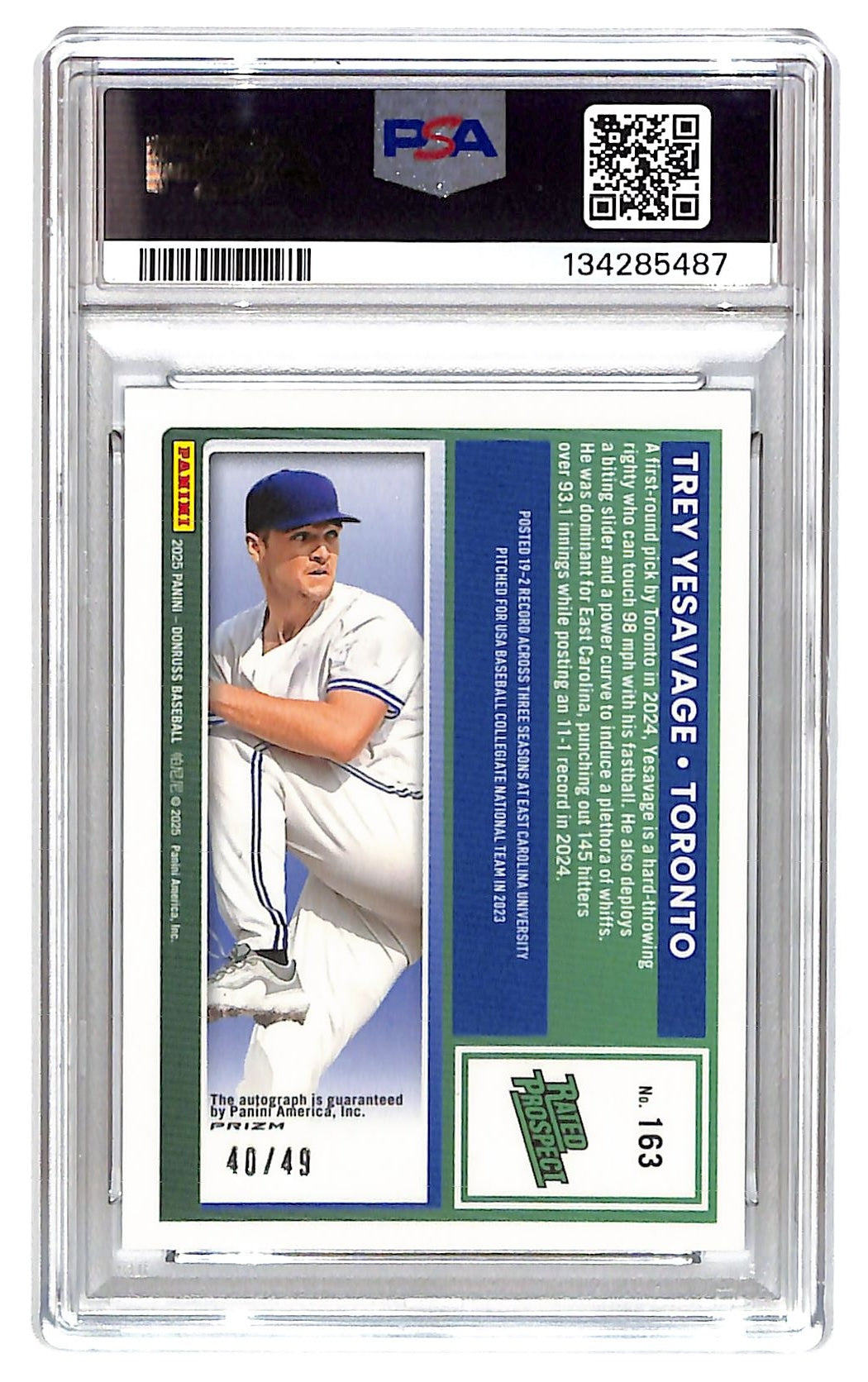 2025 Trey Yesavage Donruss Optic #163 Signature Purple 40/49 PSA 9