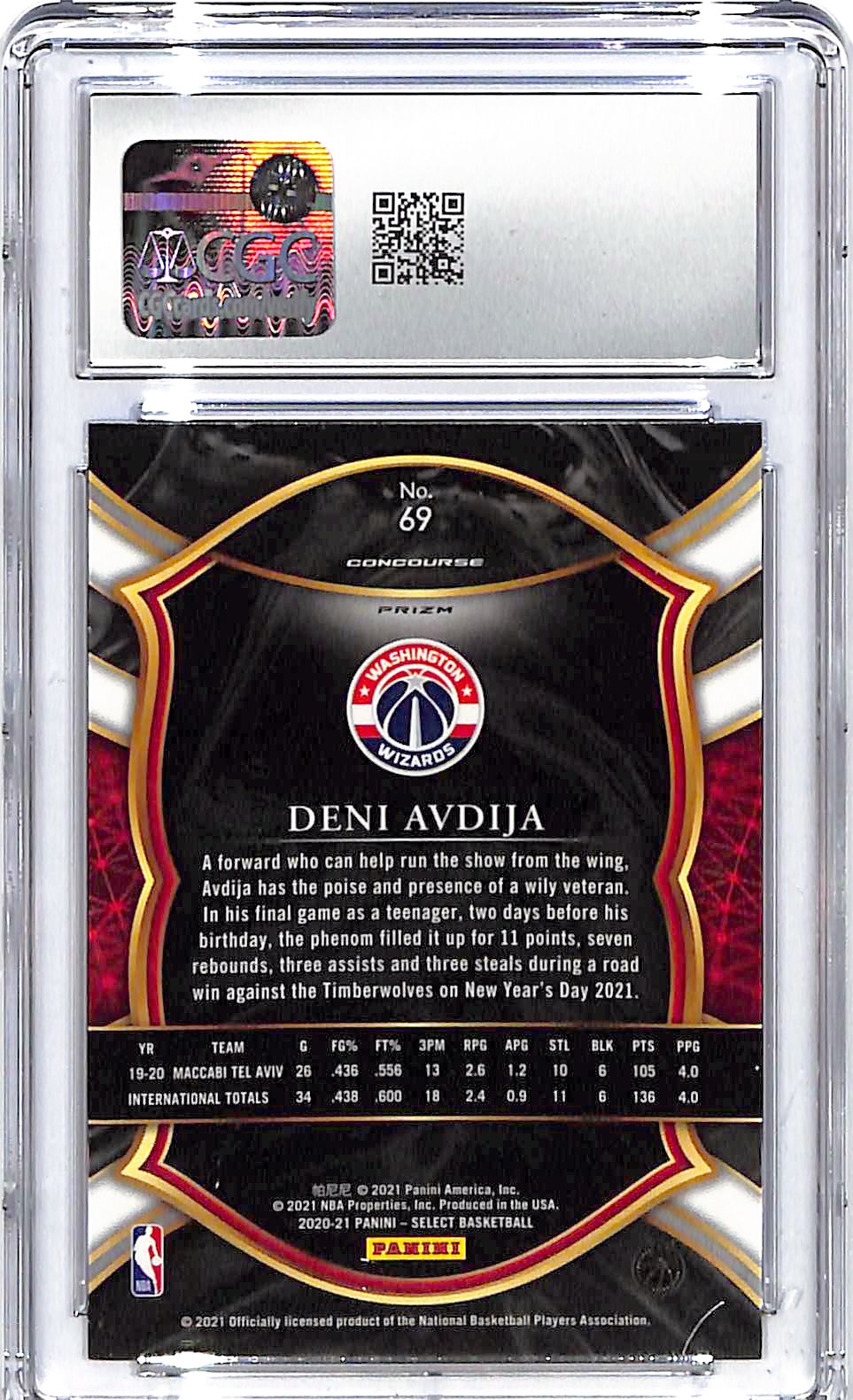 2020-21 Deni Avdija Panini Select Blue White & Purple Cracked Ice #69 CGC Gem 10