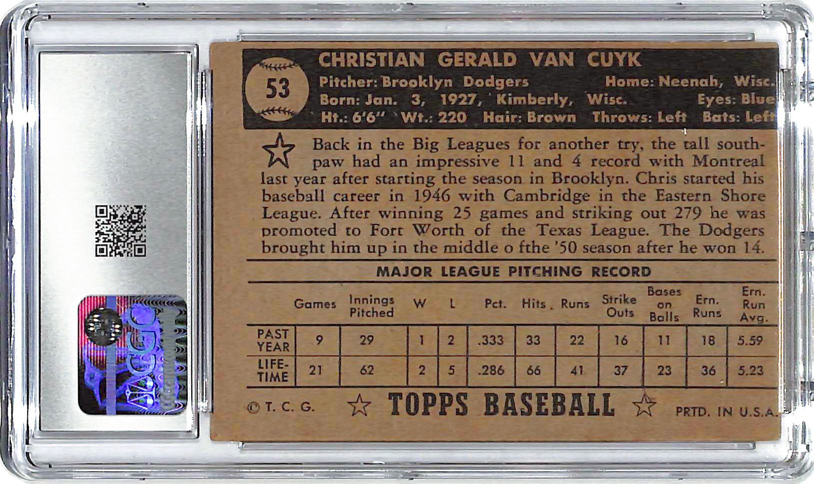 1952 Chris Van Cuyk Topps #53 CGC Very Good 4