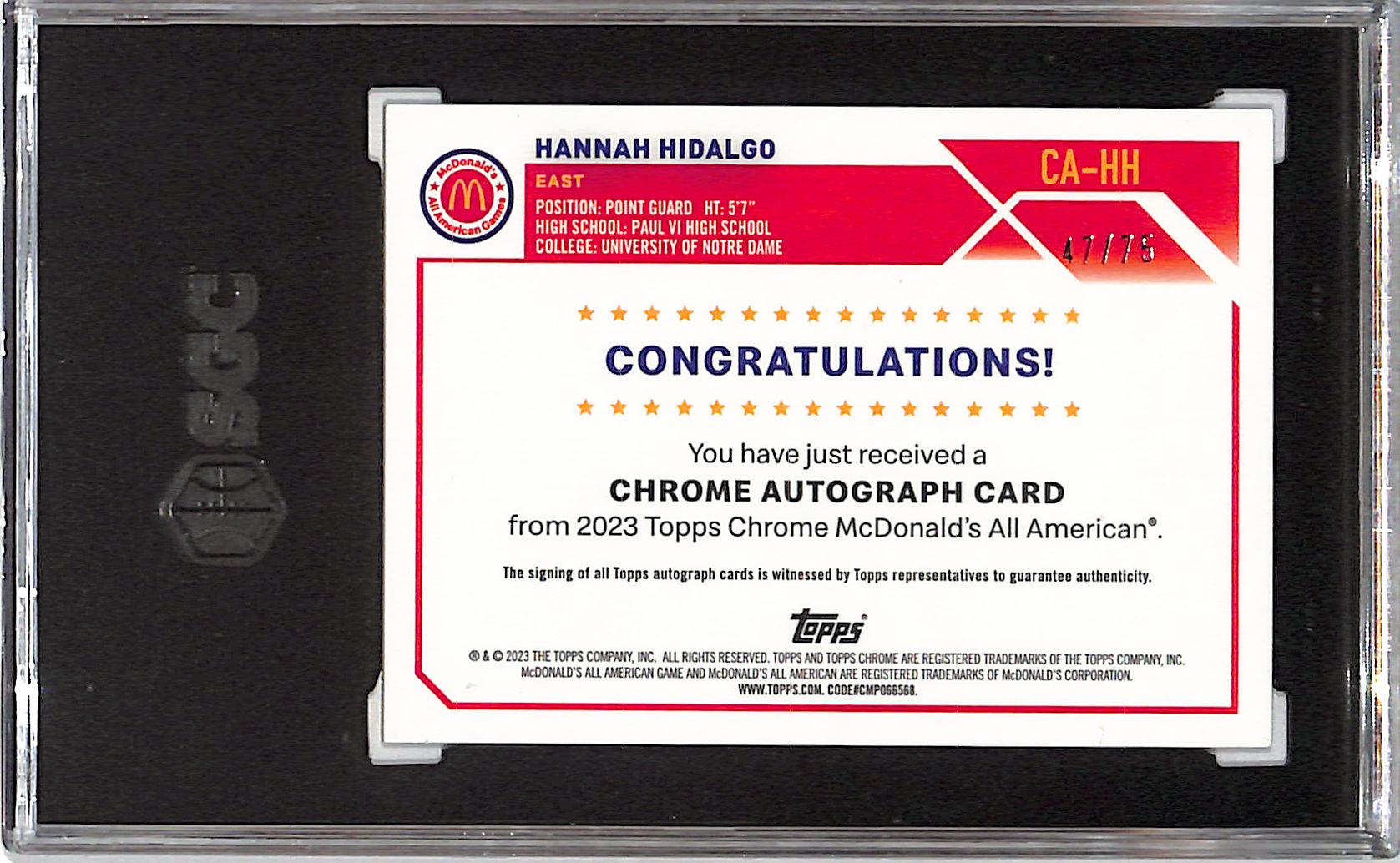 2023 Topps Chrome McDonalds Hannah Hidalgo Auto Autograph Rookie RC Yellow SGC 9.5 /75