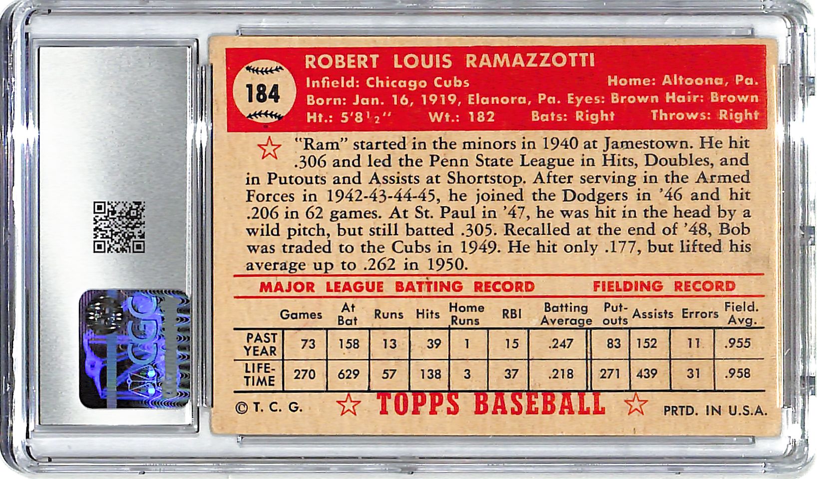 1952 Bob Ramazzotti Topps #184 CGC Very Good 4.5